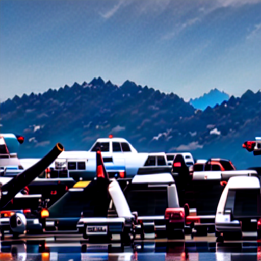 069_Several vehicles with pieces of luggage on them with planes off to the side..png